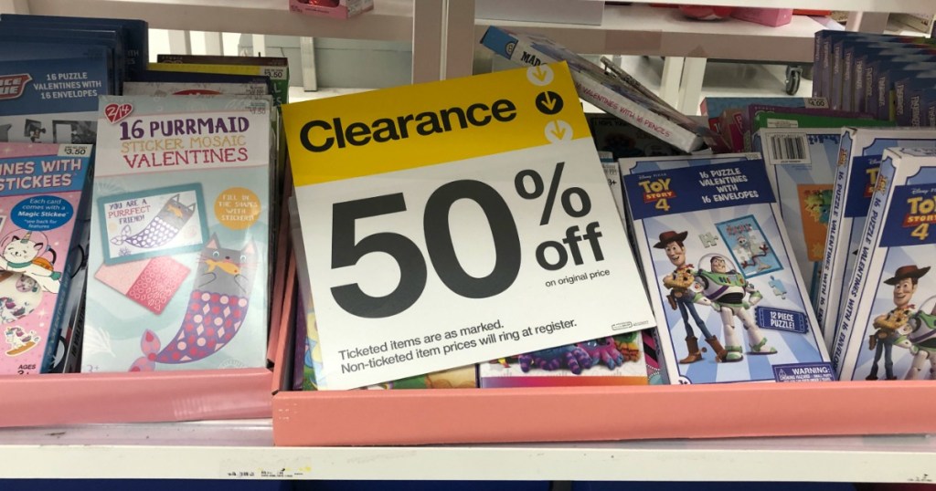 boxes of Valentines at Target with clearance sign