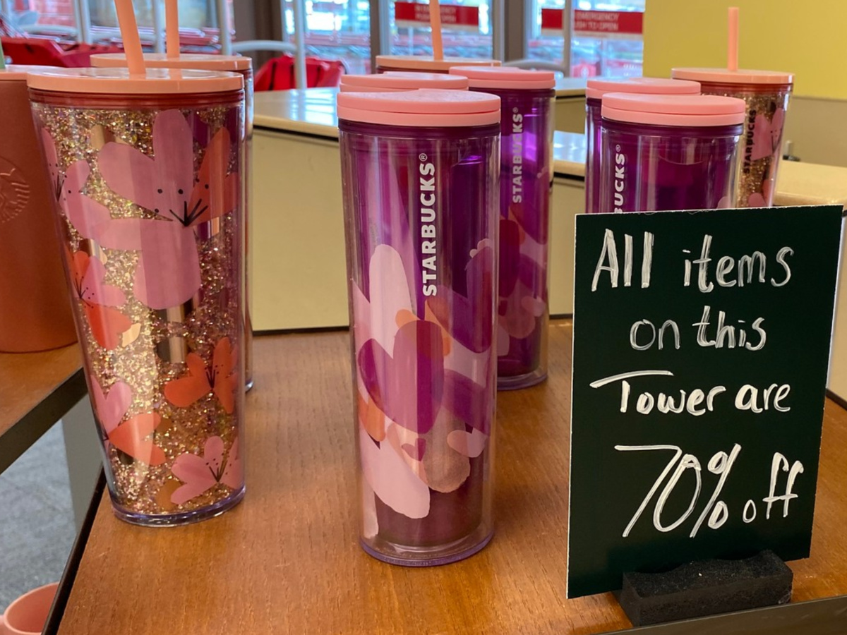 Starbucks clearance Valentine's Day mugs on table