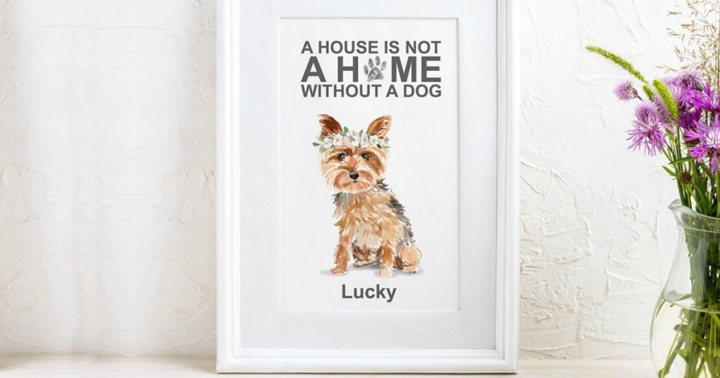 art print with a dog wearing a flower crown