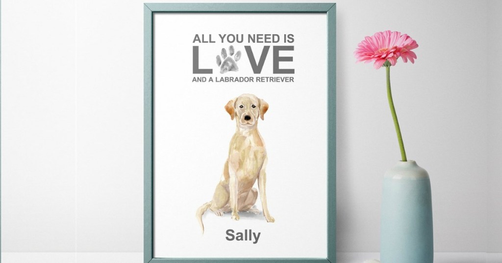 art print with a dog next to a vase