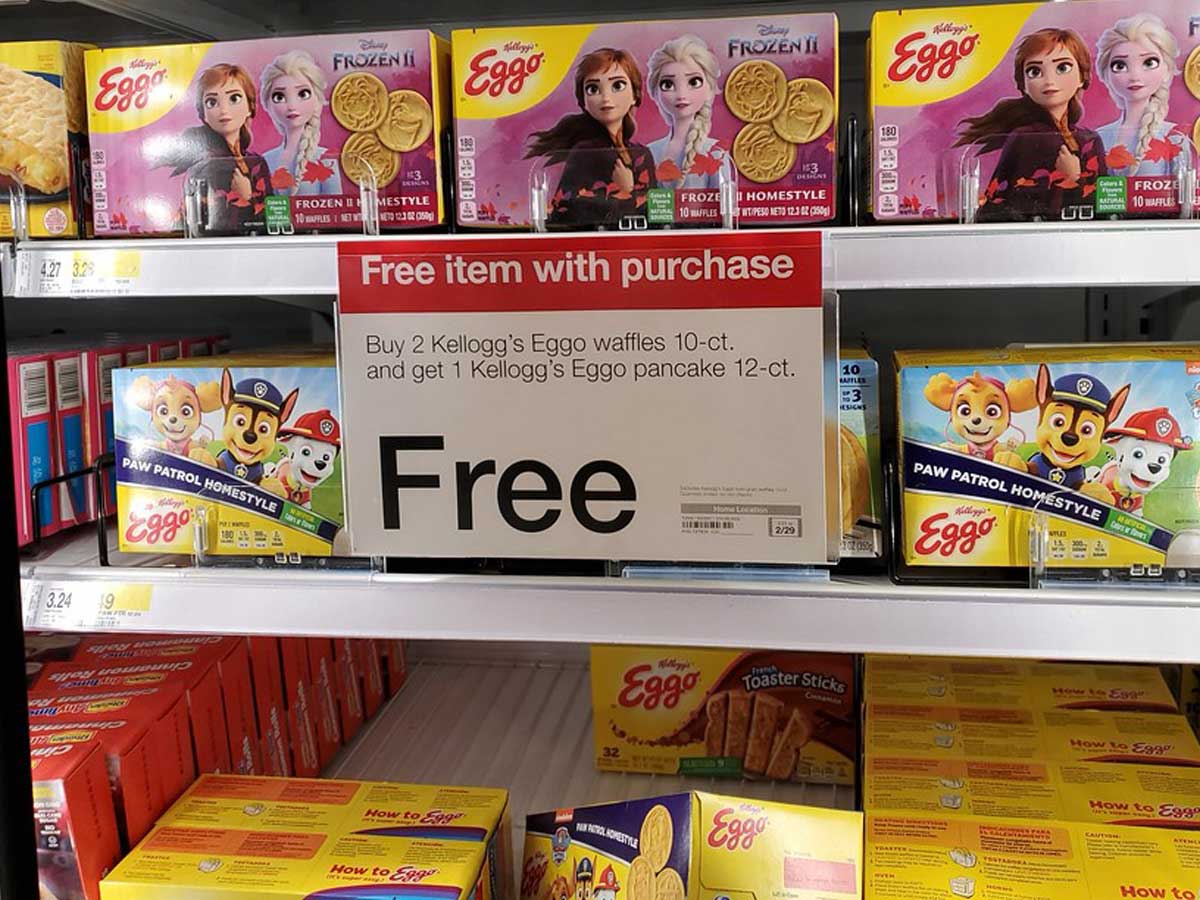 sign showing the deal for buy 2 get 1 free eggo