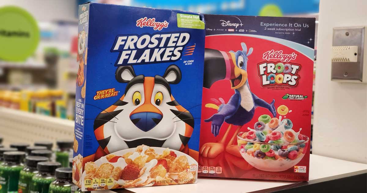 kelloggs cereal boxes on display in a store
