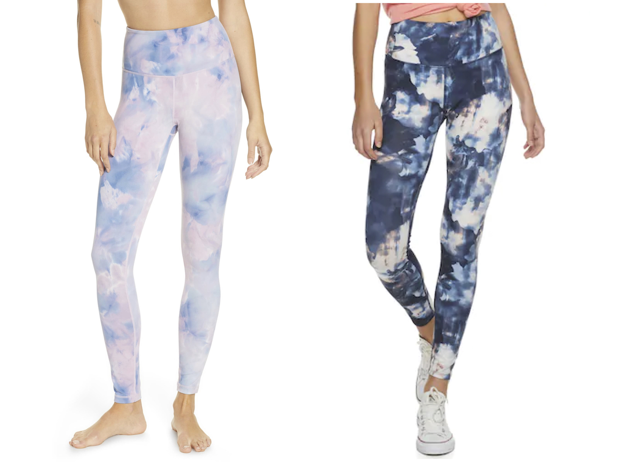 side by side stock photos of women wearing tie dye leggings