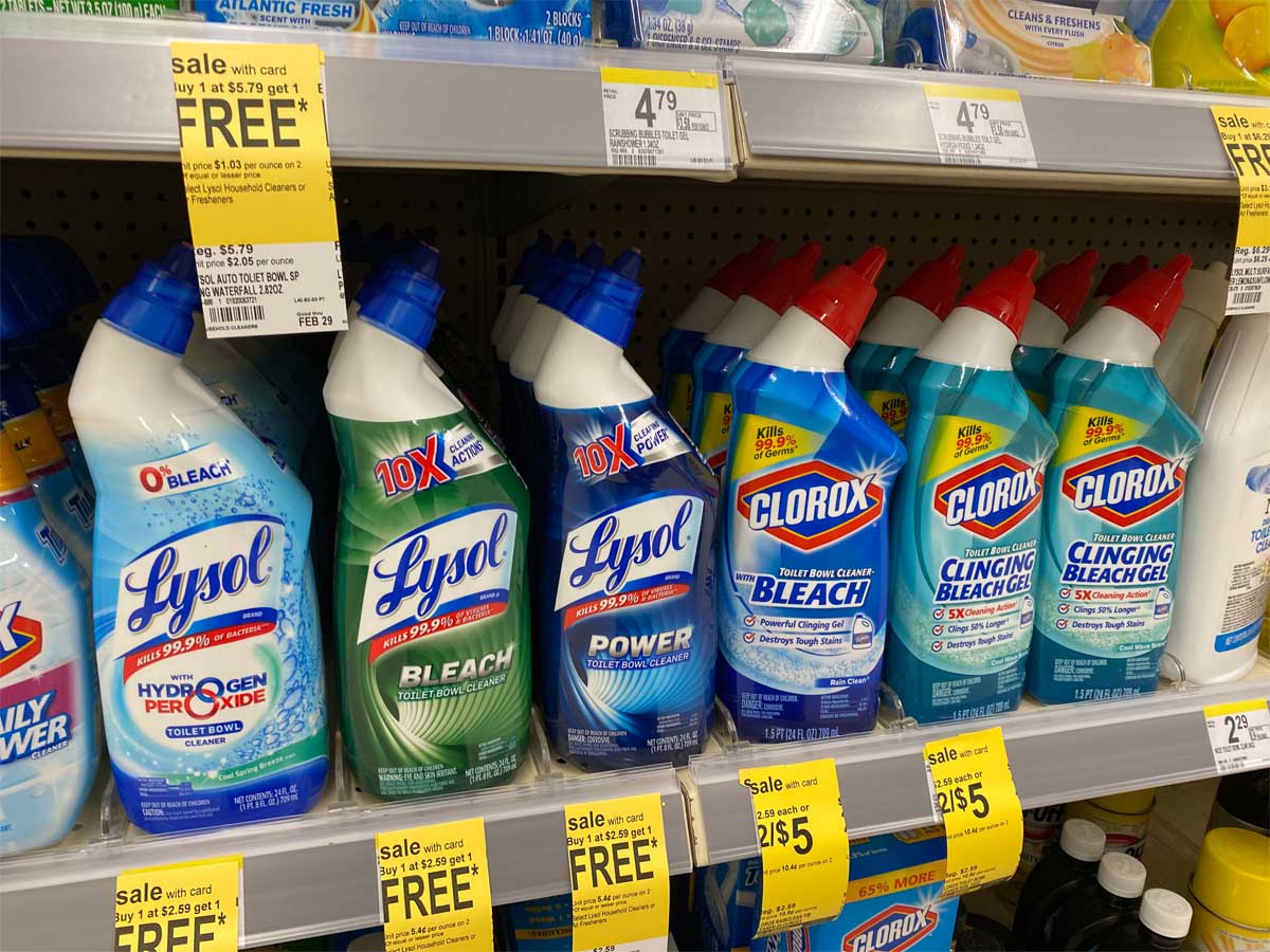 shelf of lysol toilet bowl cleaner