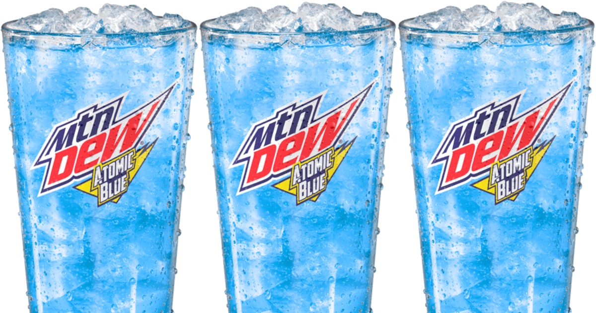 3 glasses holding Mountain Dew Atomic Blue soda