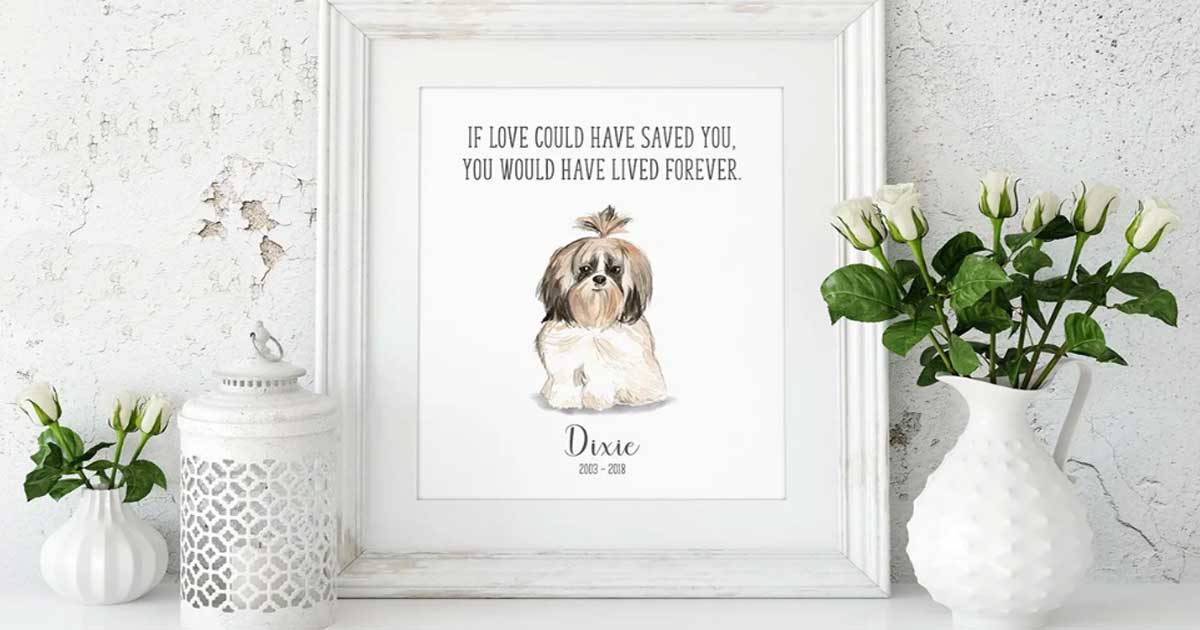 dog print in a frame on a mantle