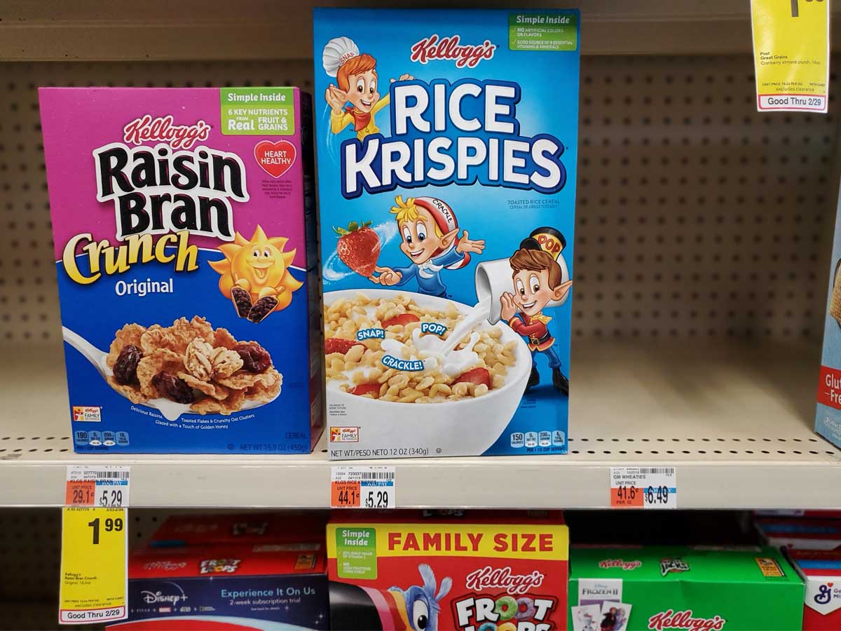 kellogg's raisin bran on a shelf in a store