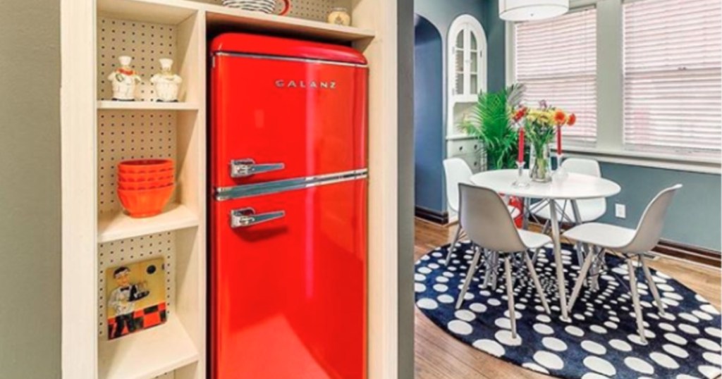 Galanz red retro refrigerator in sunken wall with shelves and kitchen table in background