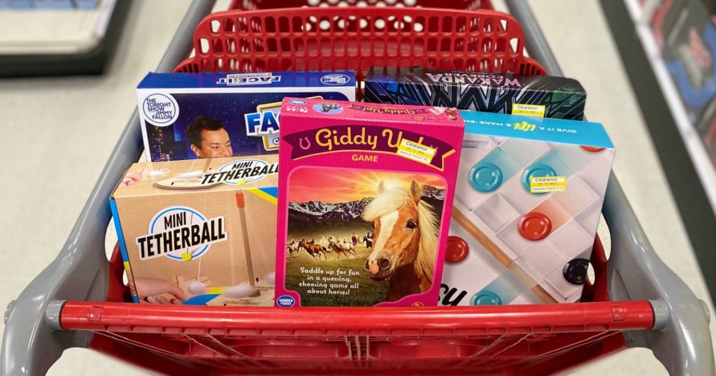 clearance games in a store shopping cart