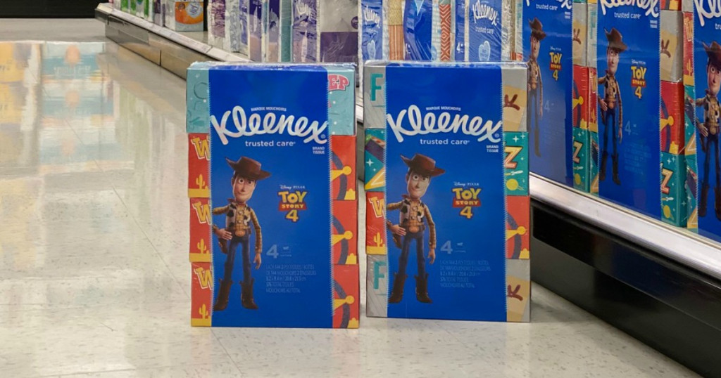 multipacks of facial tissue on a store floor