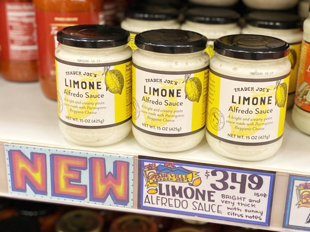 Limone Alfredo sauce on the shelf at Trader Joe's