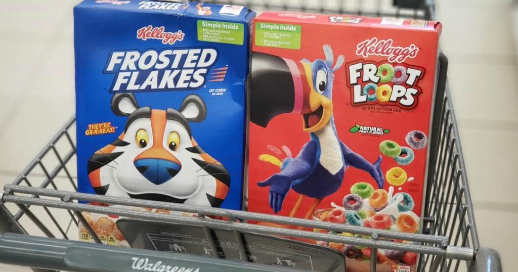 cereal boxes in a store shopping cart