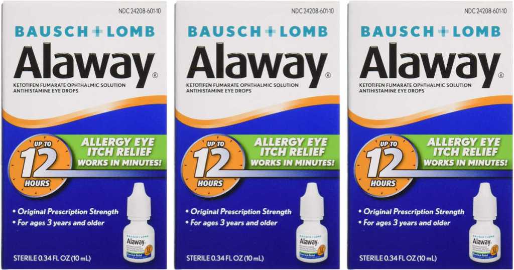 three bottles of Alaway Antihistamine Eye Drops
