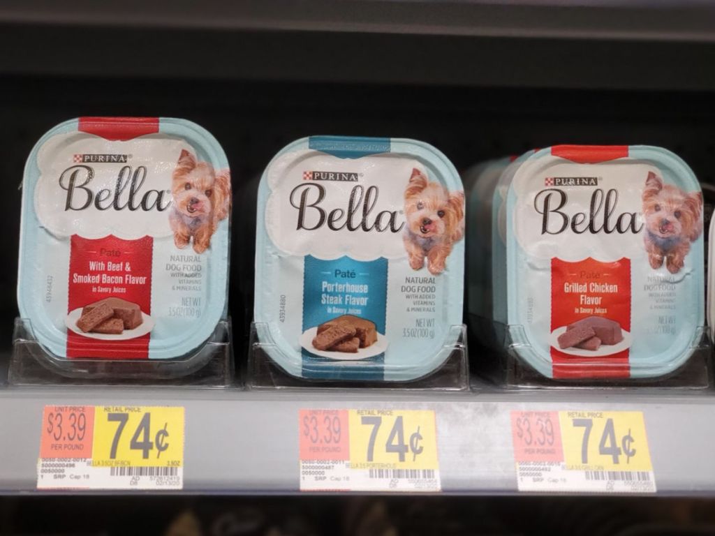 shelf at walmart with Bella Wet Dog Food Containers