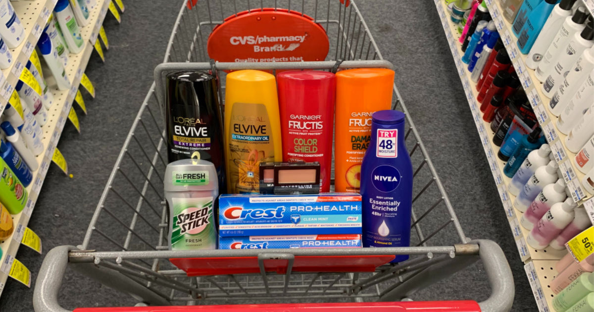 Personal care products in basket at CVS