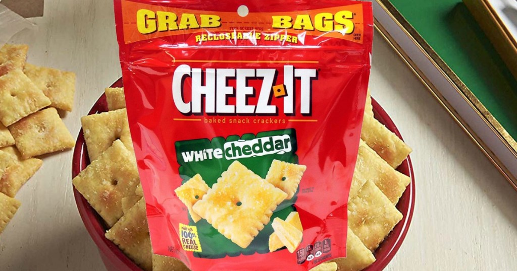 Large bag of crackers near bowl 