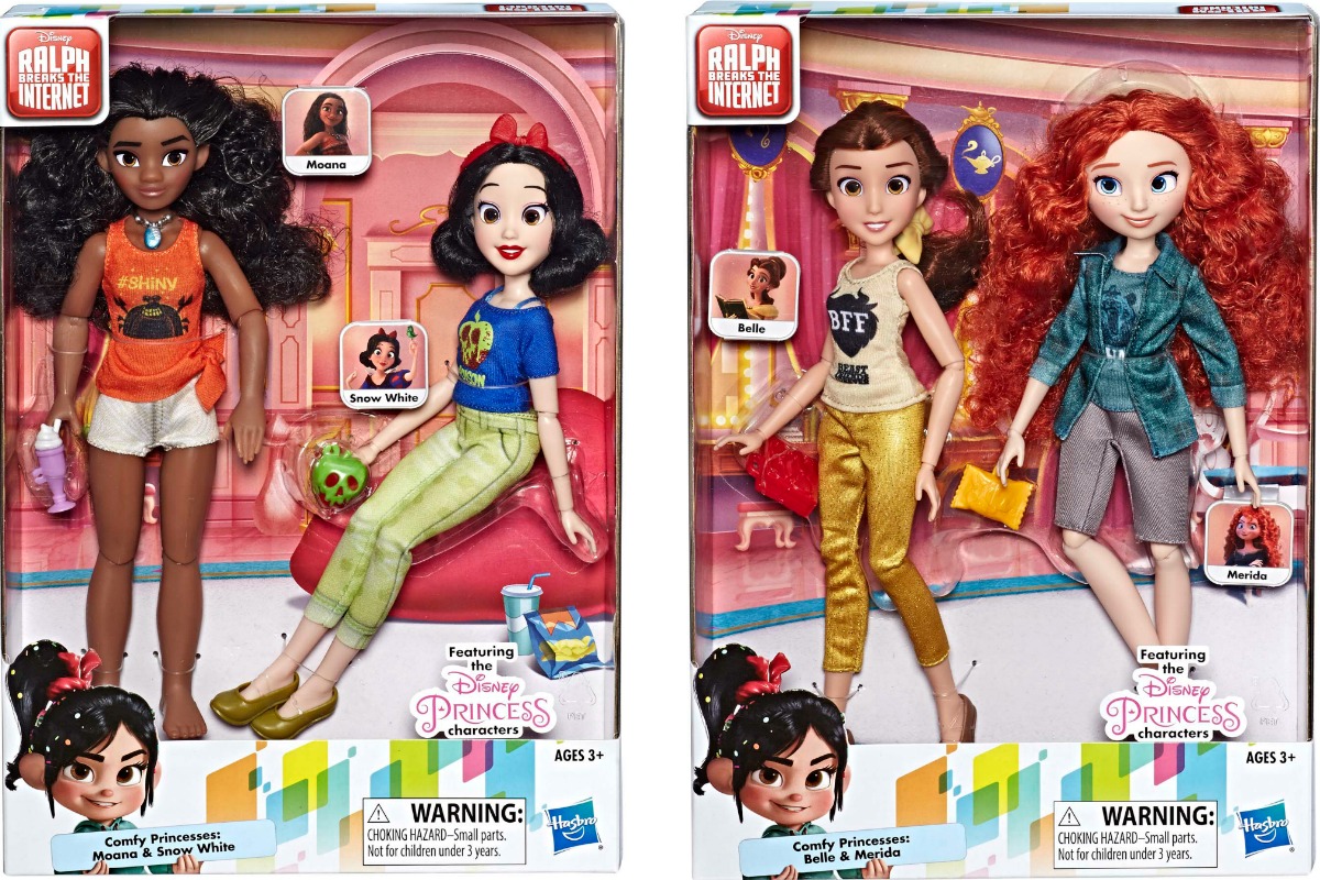 Two packages of Disney princess dolls in comfy outfits