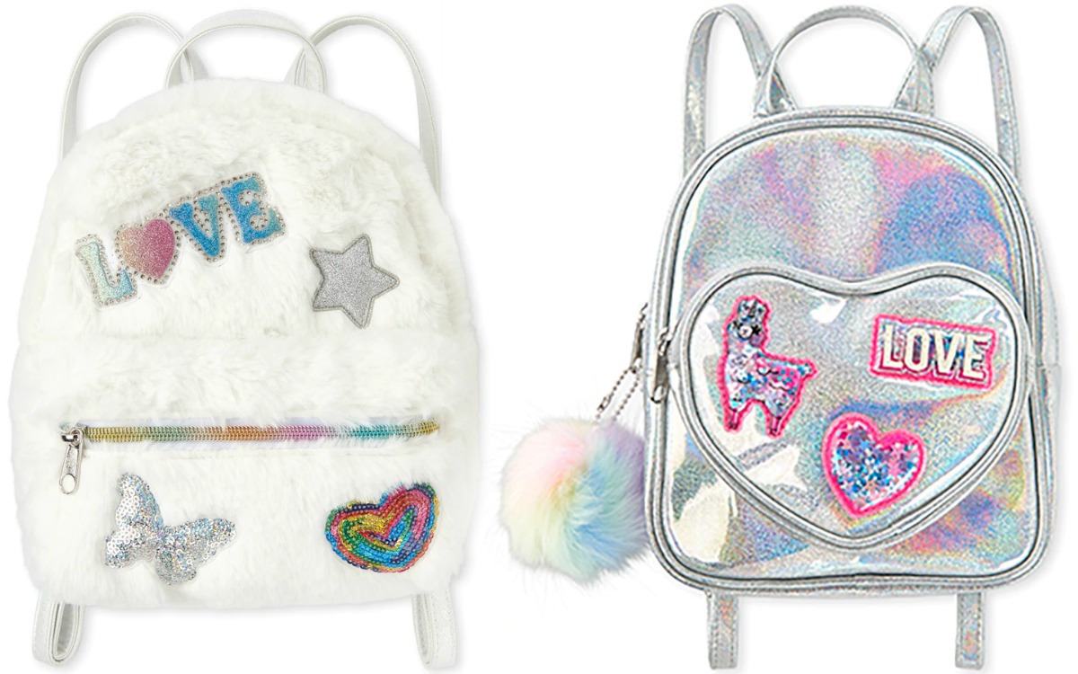 Two styles of mini backpacks - one holographic, one white faux fur