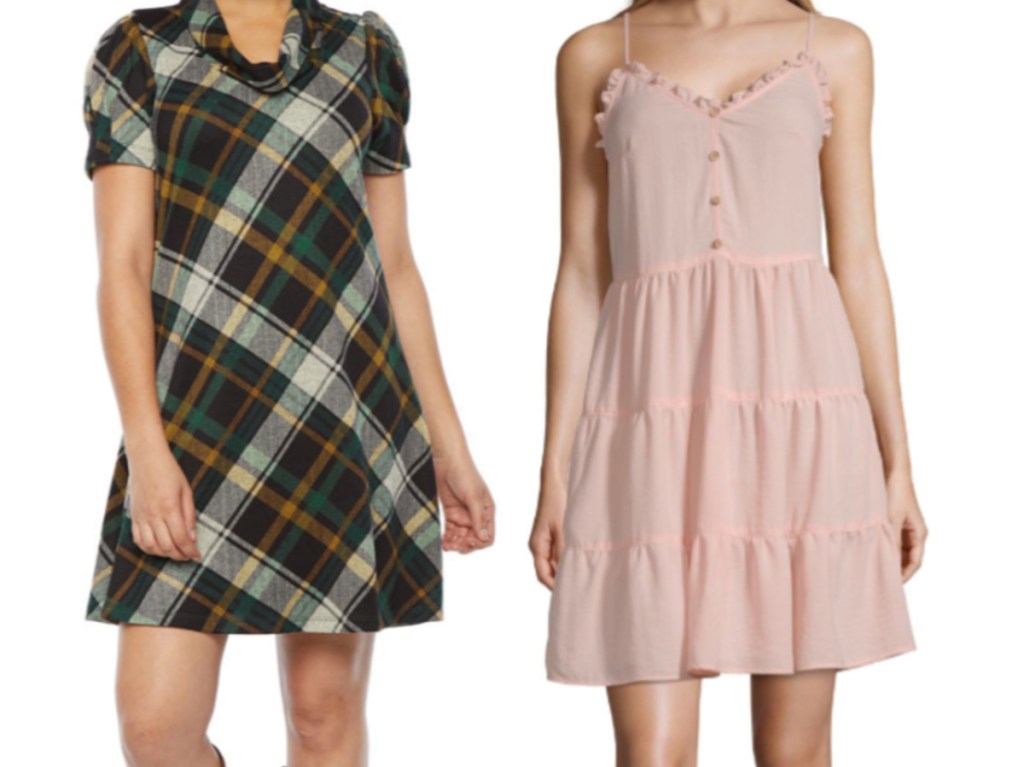 woman in green plaid dress and woman in light pink summer dress