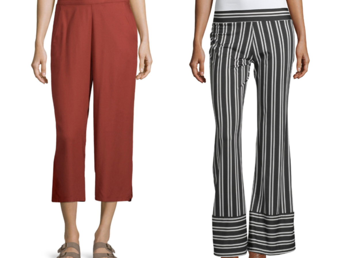 woman in red capri pants and woman in red and black striped flared pants