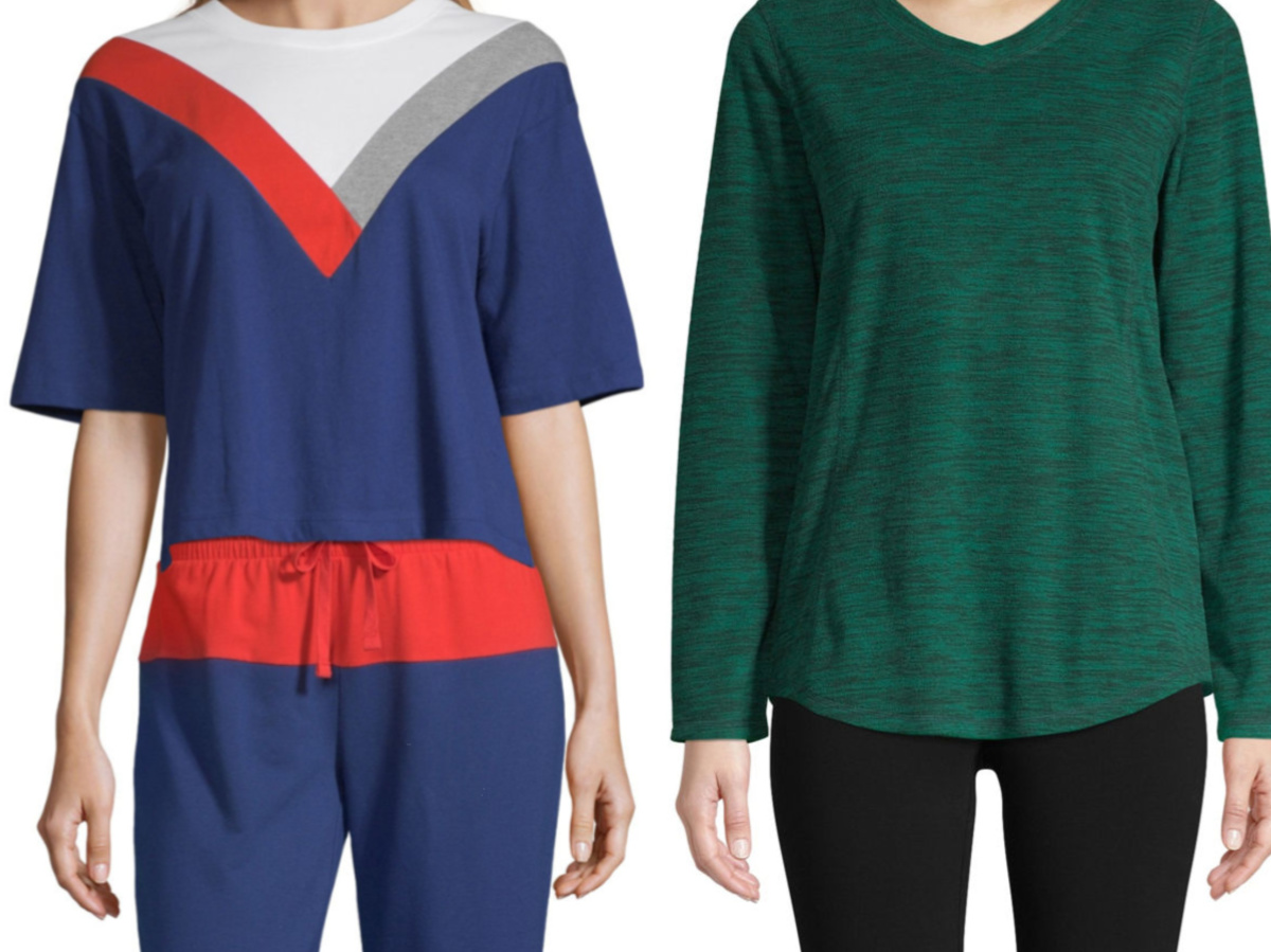 women in blue, red, white, and gray top and woman in green long-sleeve top