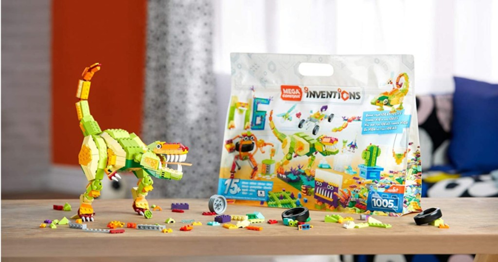 mdga construx bag and dinosaur built from blocks