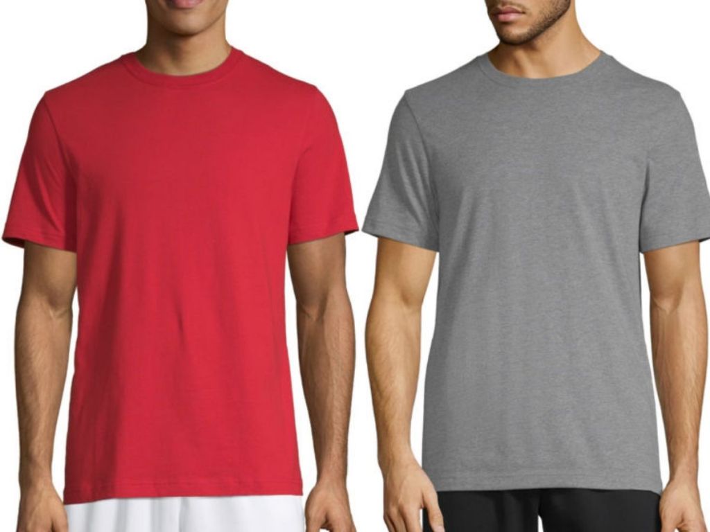 two men wearing cotton short sleeve crew neck t-shirts