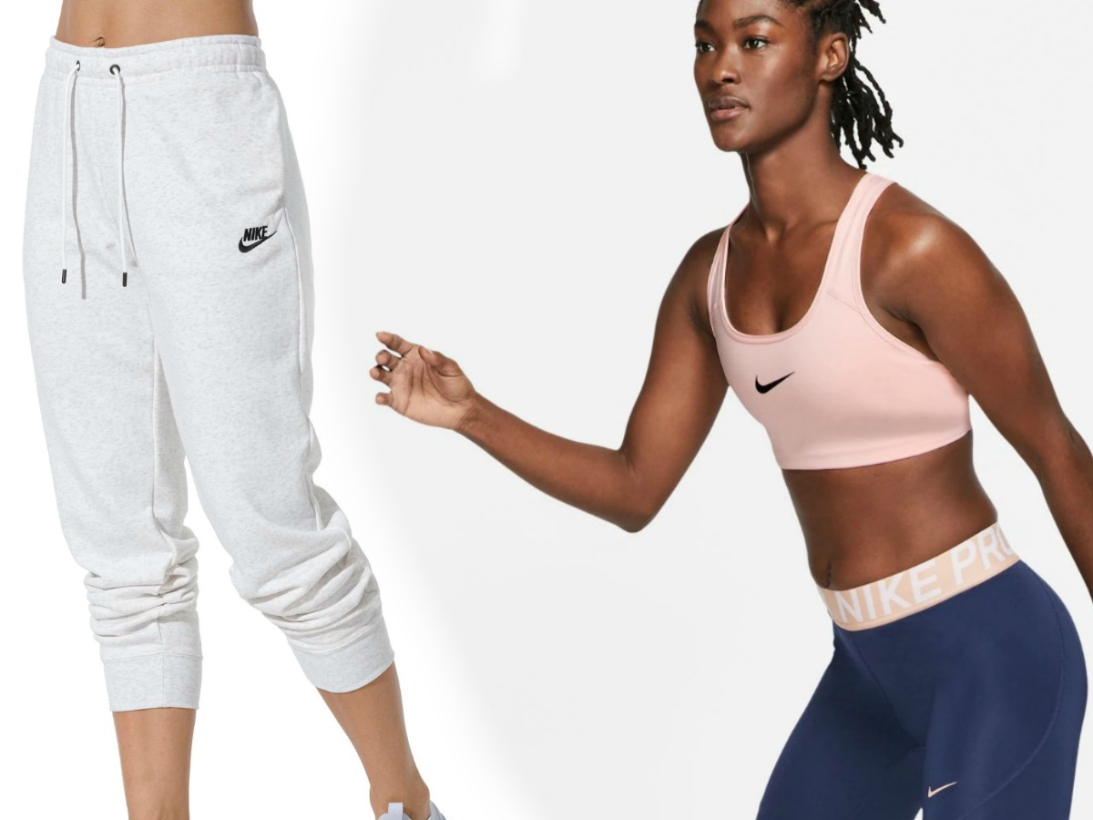 Woman wearing gray Nike sweatpants with a woman wearing a pink Nike sports bra