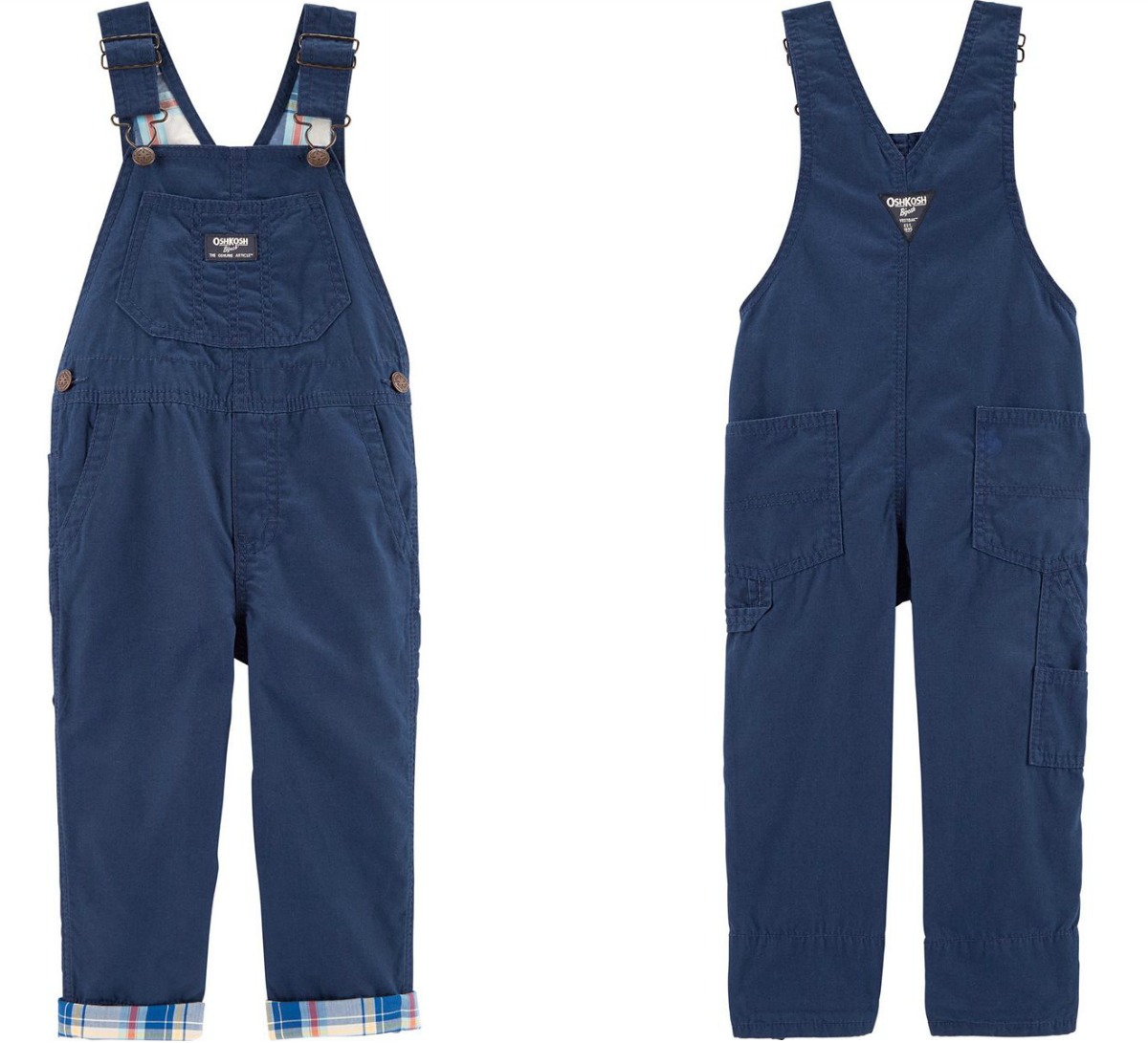 Front and back view of boys denim overalls
