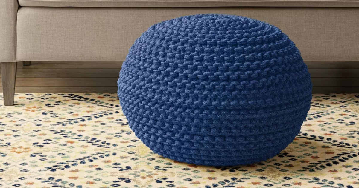 Large blue knit pouf style ottoman