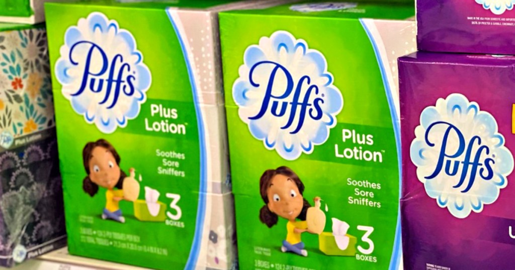 Puffs Plus Lotion Tissues on shelf at store