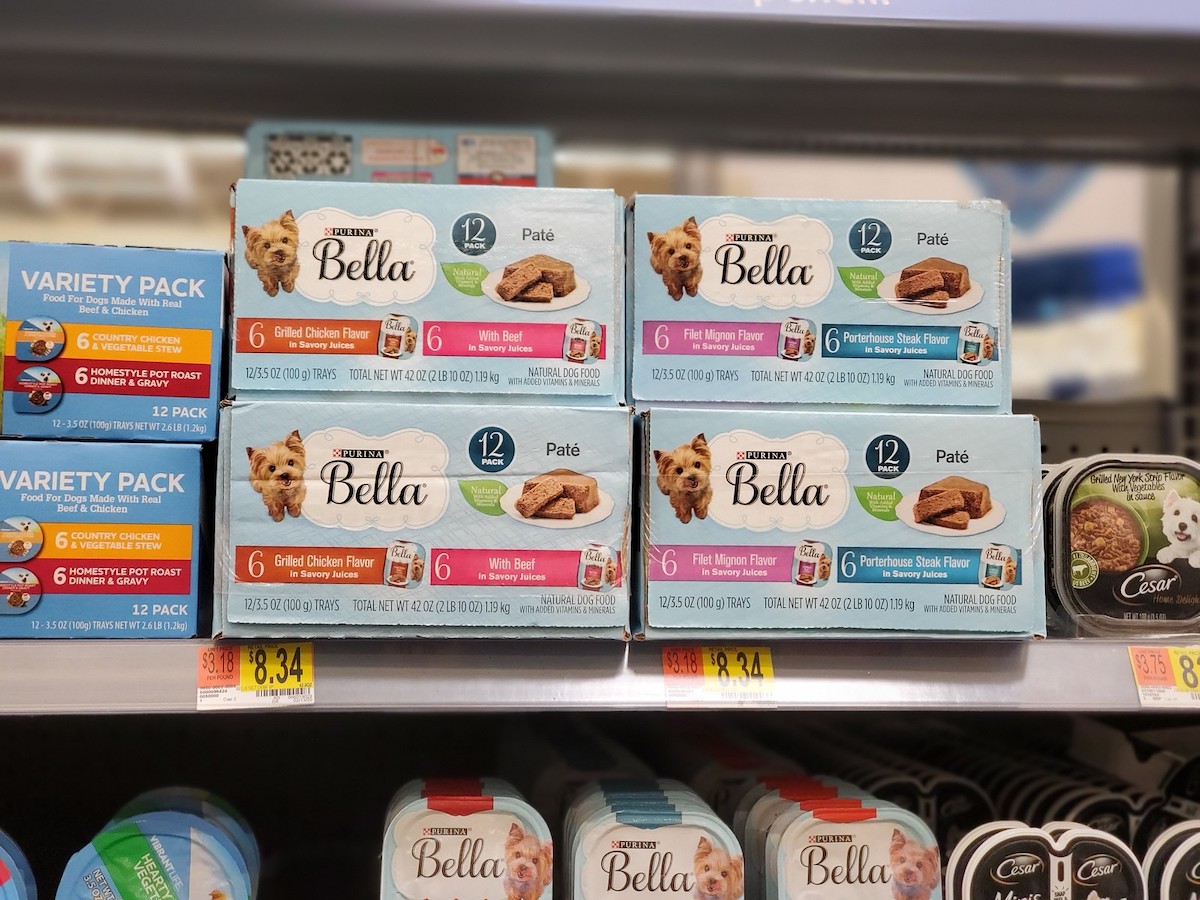 box of 12 pack purina bella wet dog food on shelf at walmart