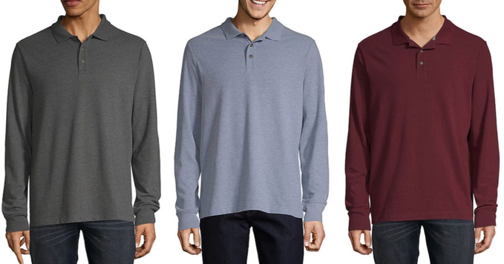 three men wearing grey, dark grey and burgendy St. John's Bay Men's Long Sleeve Polo Shirt