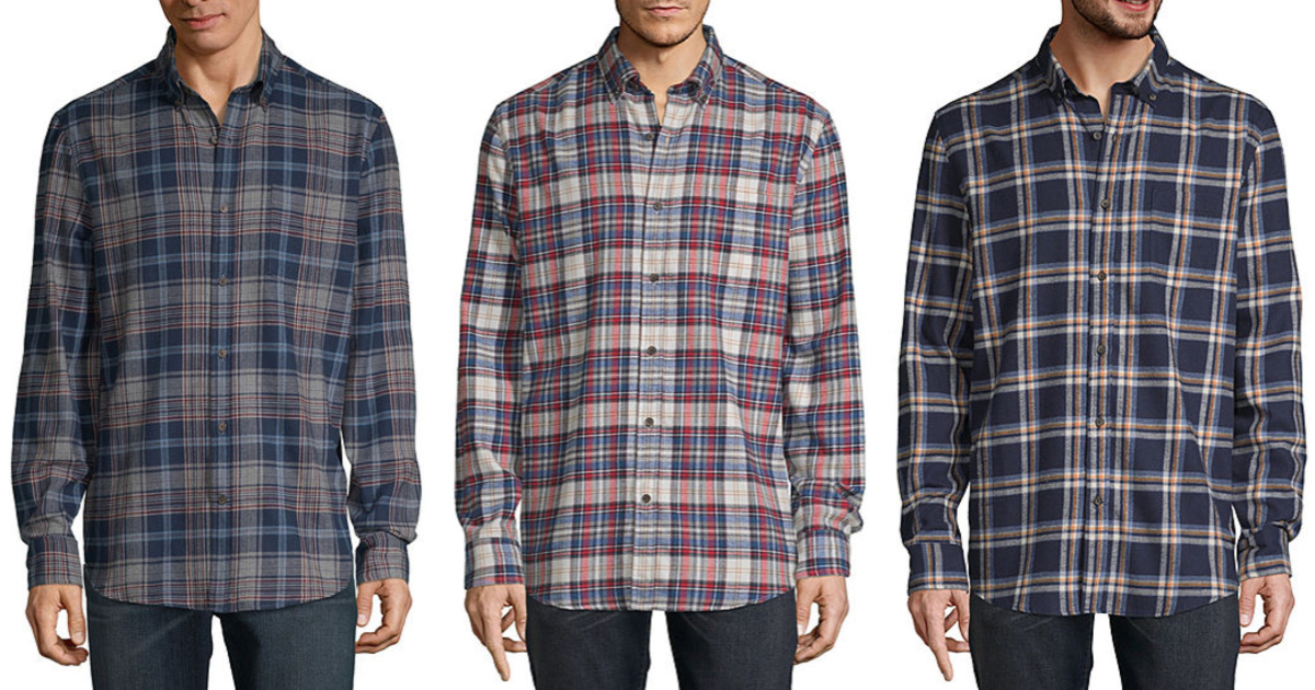 three men wearing St. John's Bay Super Soft Men's Long Sleeve Flannel Shirt plaid shirts