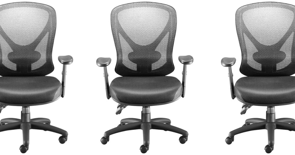 three black mesh back office chairs