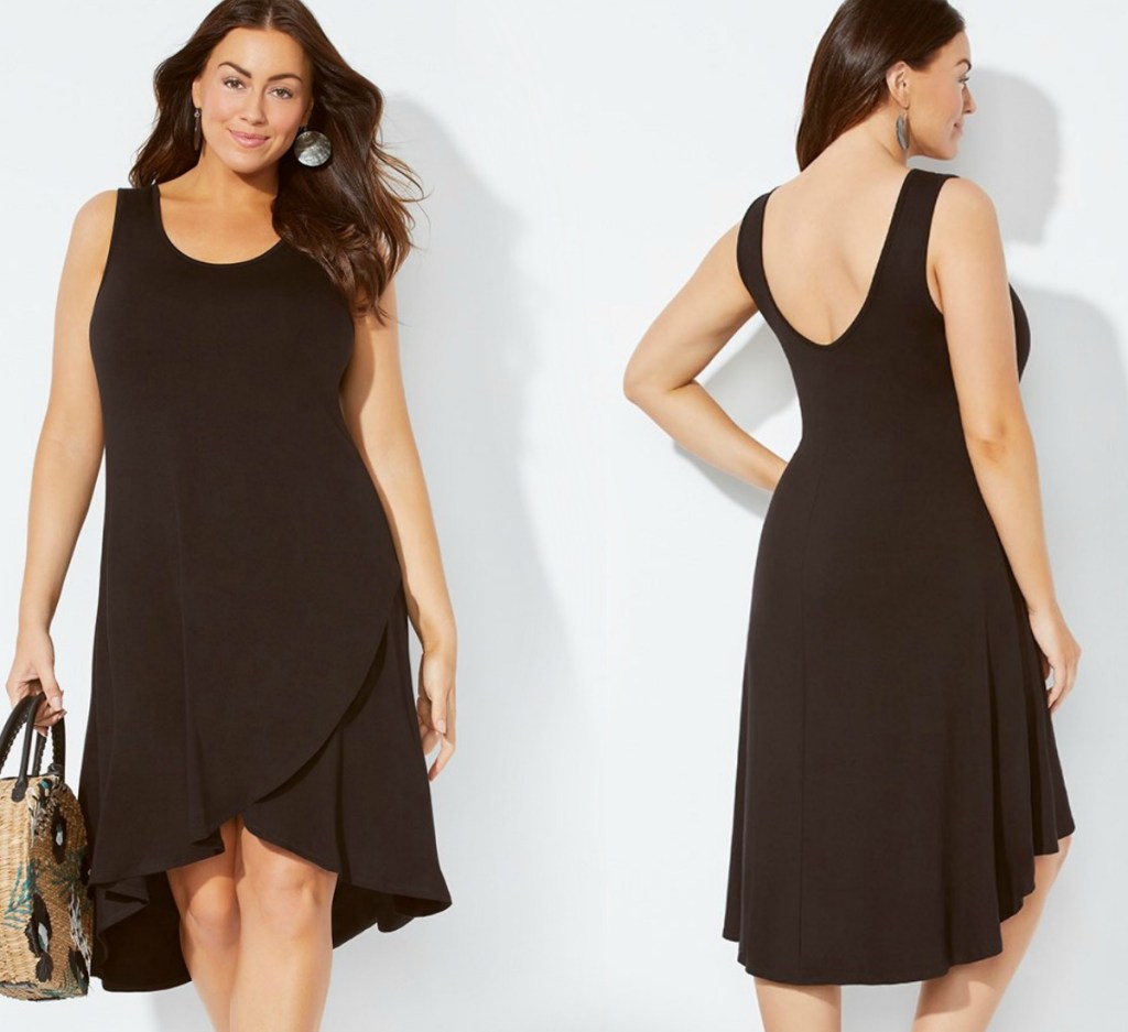 Front and back view of a woman wearing black beach dress