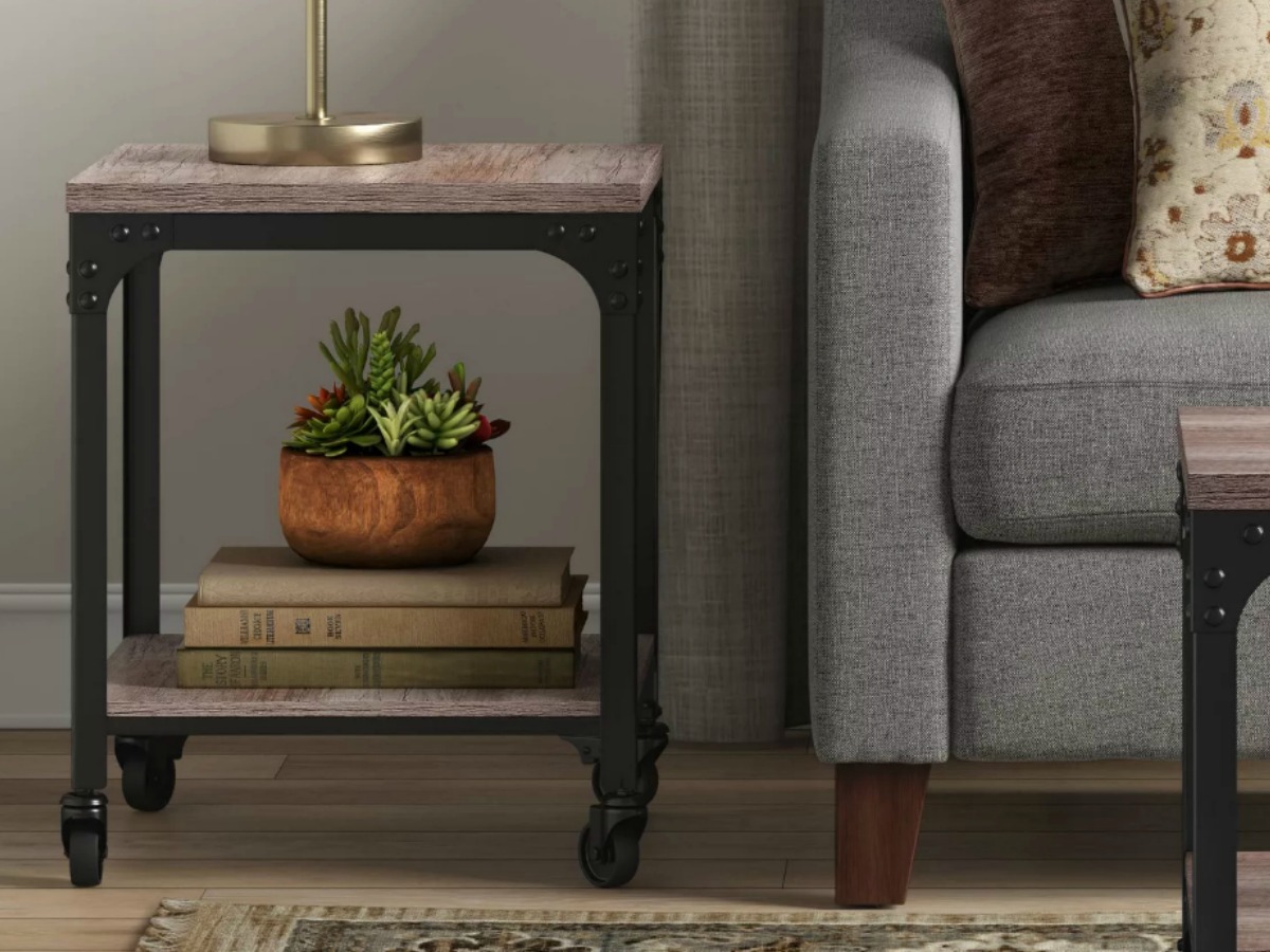 Wood and metal end table with books, lamp and plant