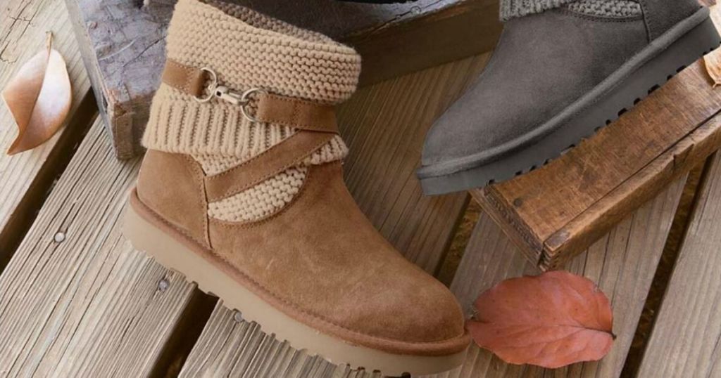 two pairs of womens knit top ugg boots on deck with fallen leaves