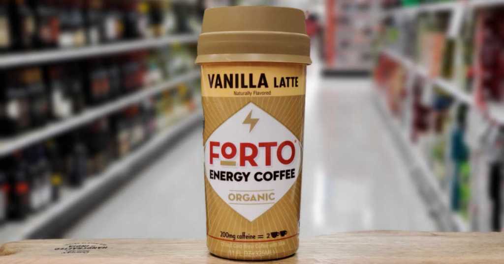 Vanilla Latte Forto Energy Coffee on wooden shelf in Target