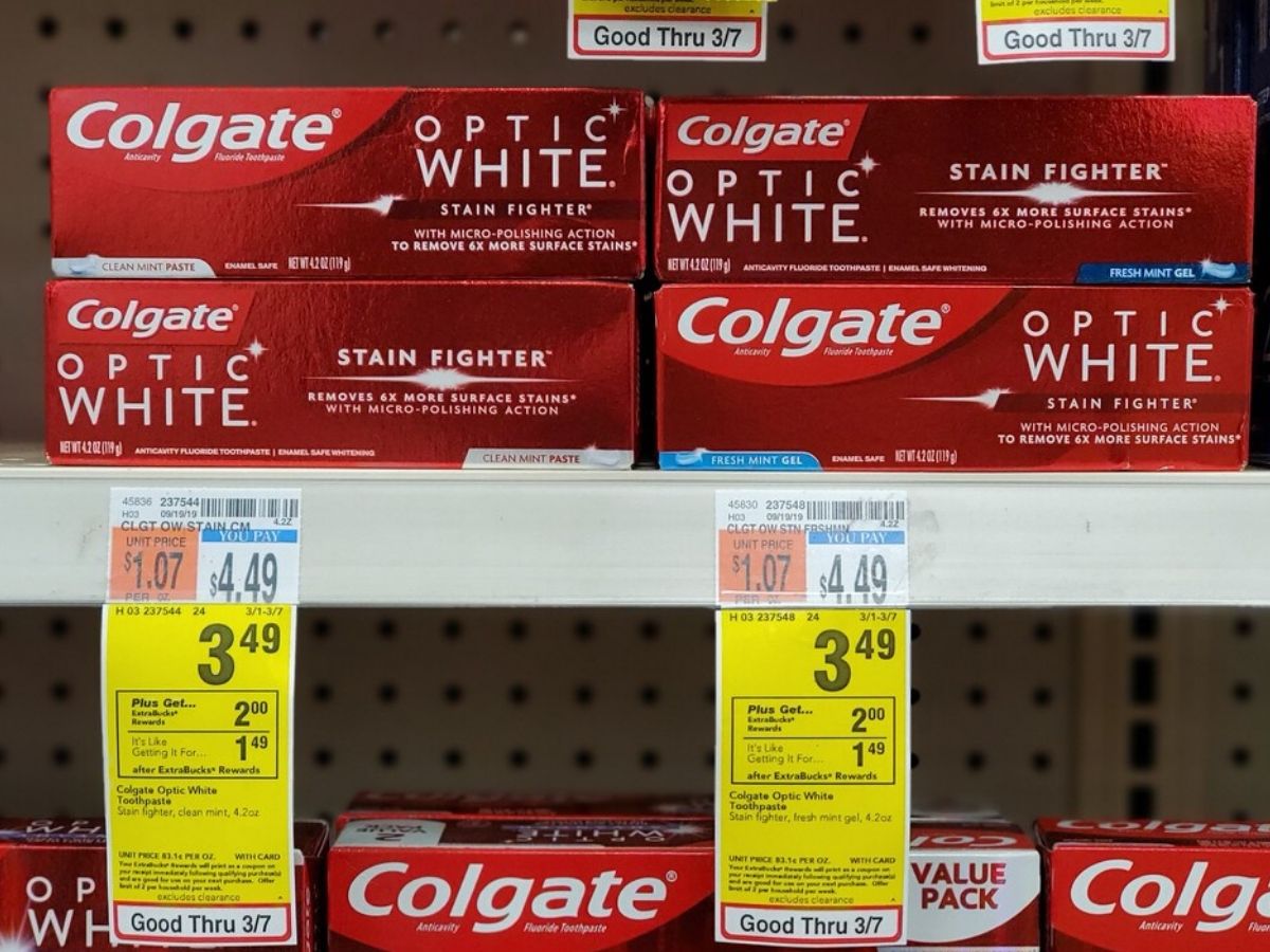 Colgate Optic White toothpastes on shelf