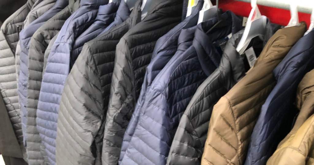 eddie bauer puffer jackets hanging in store