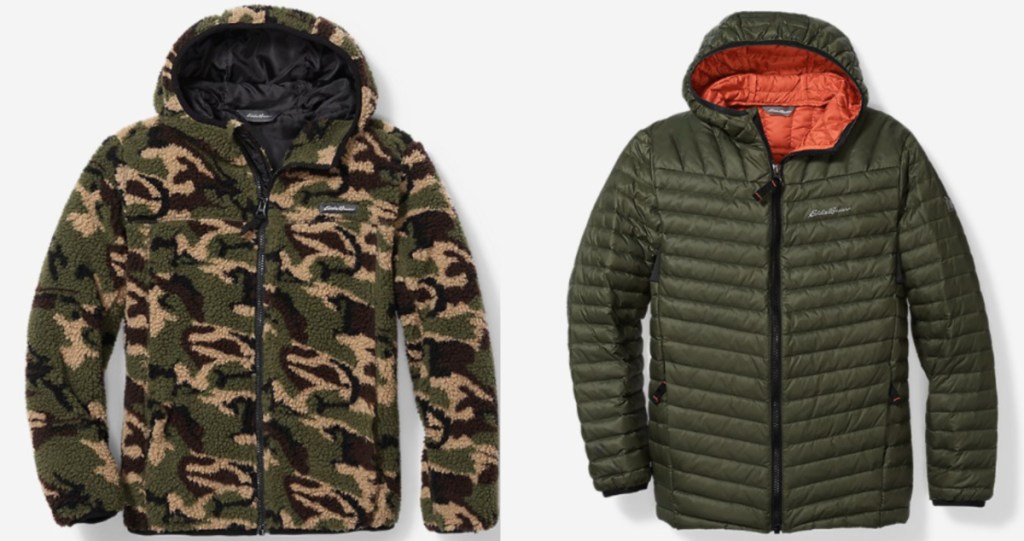 camo sherpa jacket and green eddie bauer jacket