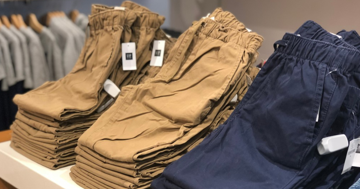 brown and blue gap kids pants on display in store