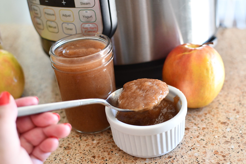 homemade applesauce on a spoon