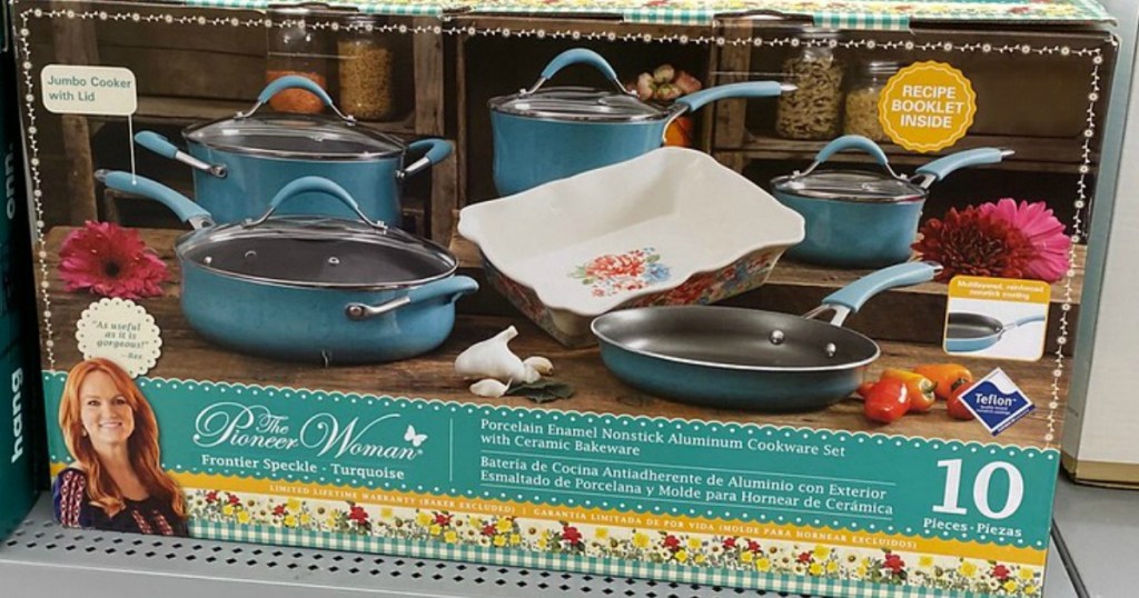 box with pots and pans on store shelf