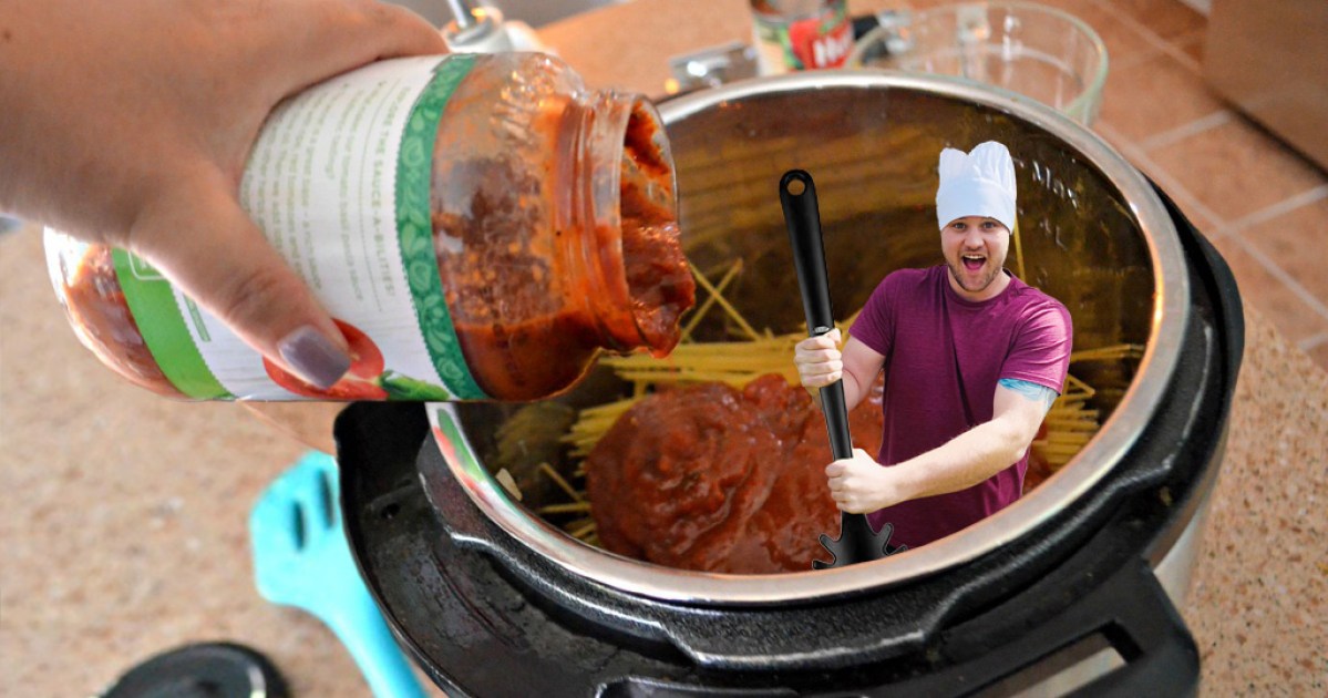 man in chef hat stirring pasta in pressure cooker