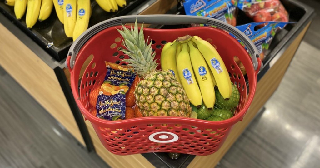 basket of fruits and vegetables in a Target basket