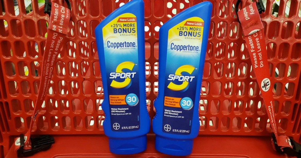 sunscreen in a store shopping cart