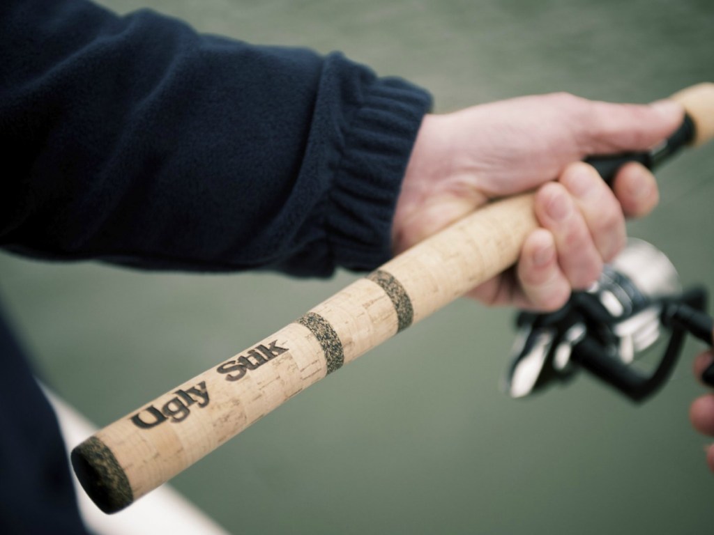 hand holding fishing rod by lake