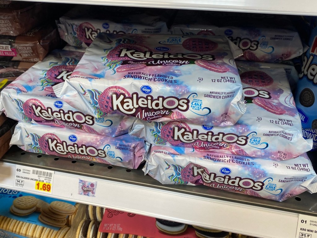 Unicorn sandwich cookies on the shelf at Kroger